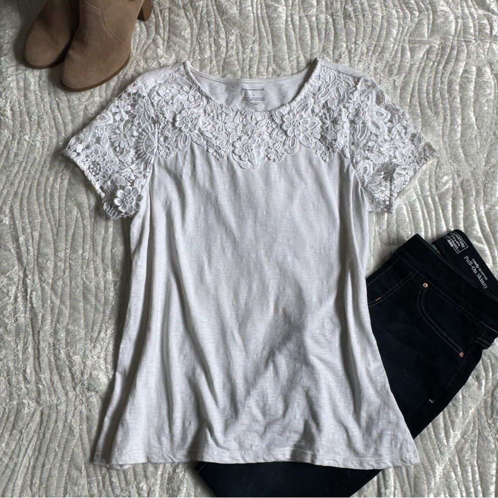 EUC!🔥 Charter Club White Short Sleeve Tee with Lace Yoke